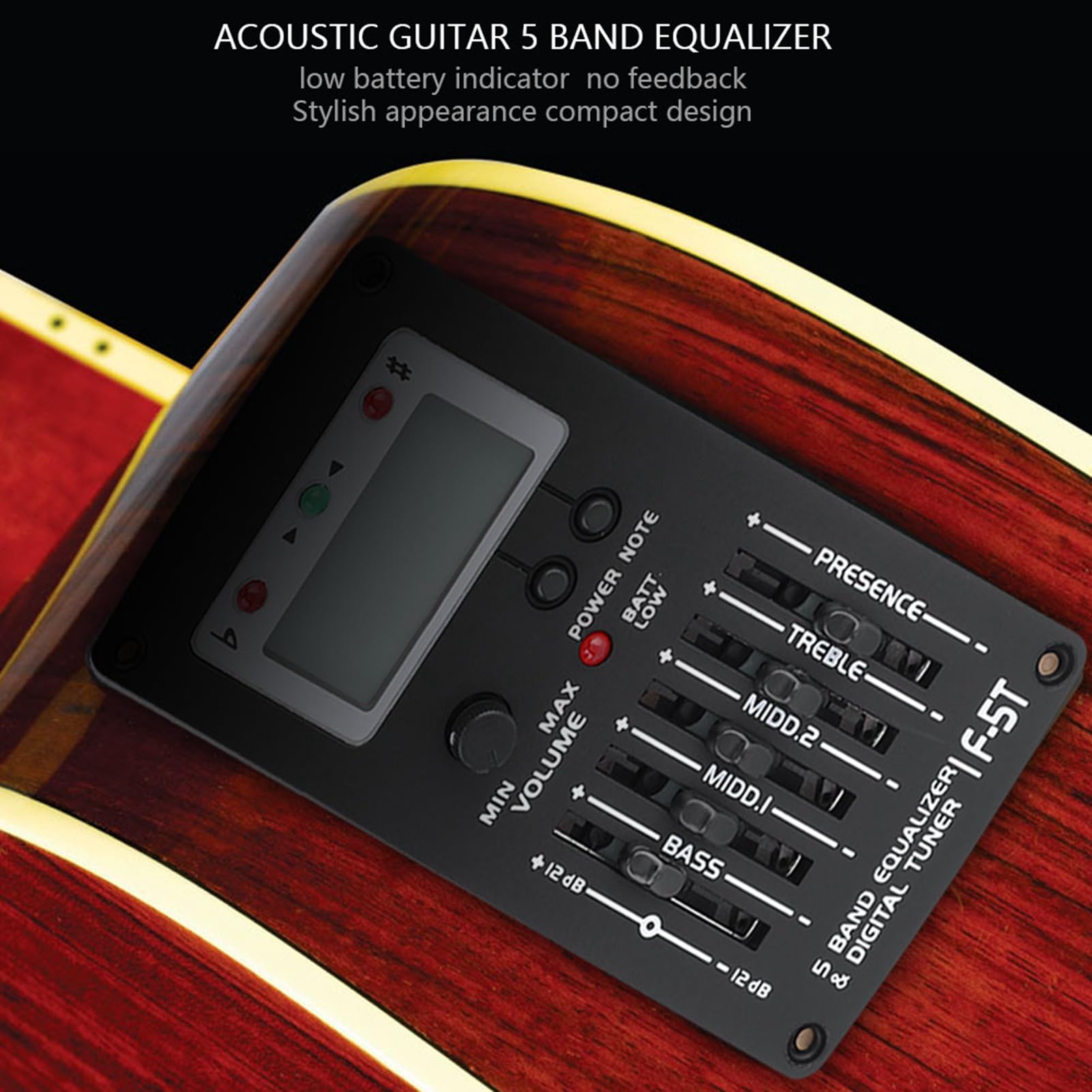 Walfront F‑5T Ecualizador EQ de 5 Bandas para Guitarra Acústica, Diseño Compacto con Funciones de Pastilla y Afinador, Ideal para Pequeños Espectáculos y Actuaciones