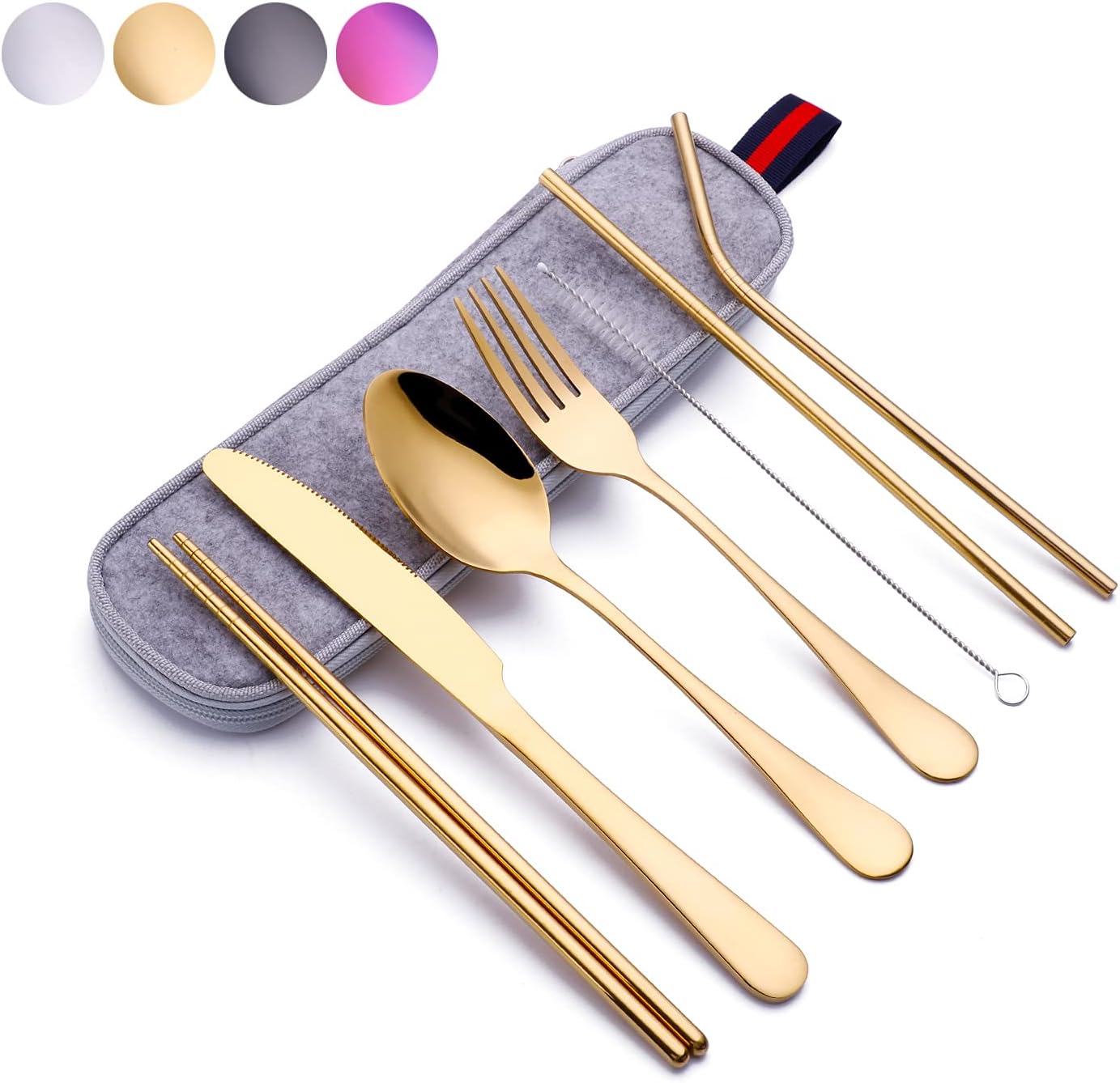 Reusable Travel Utensil Set With Case (Rainbow), Travel Cutlery Set, Portable Camping Silverware Set, Portable Stainless Steel Flatware Set 8-Piece, Dishwasher-Safe