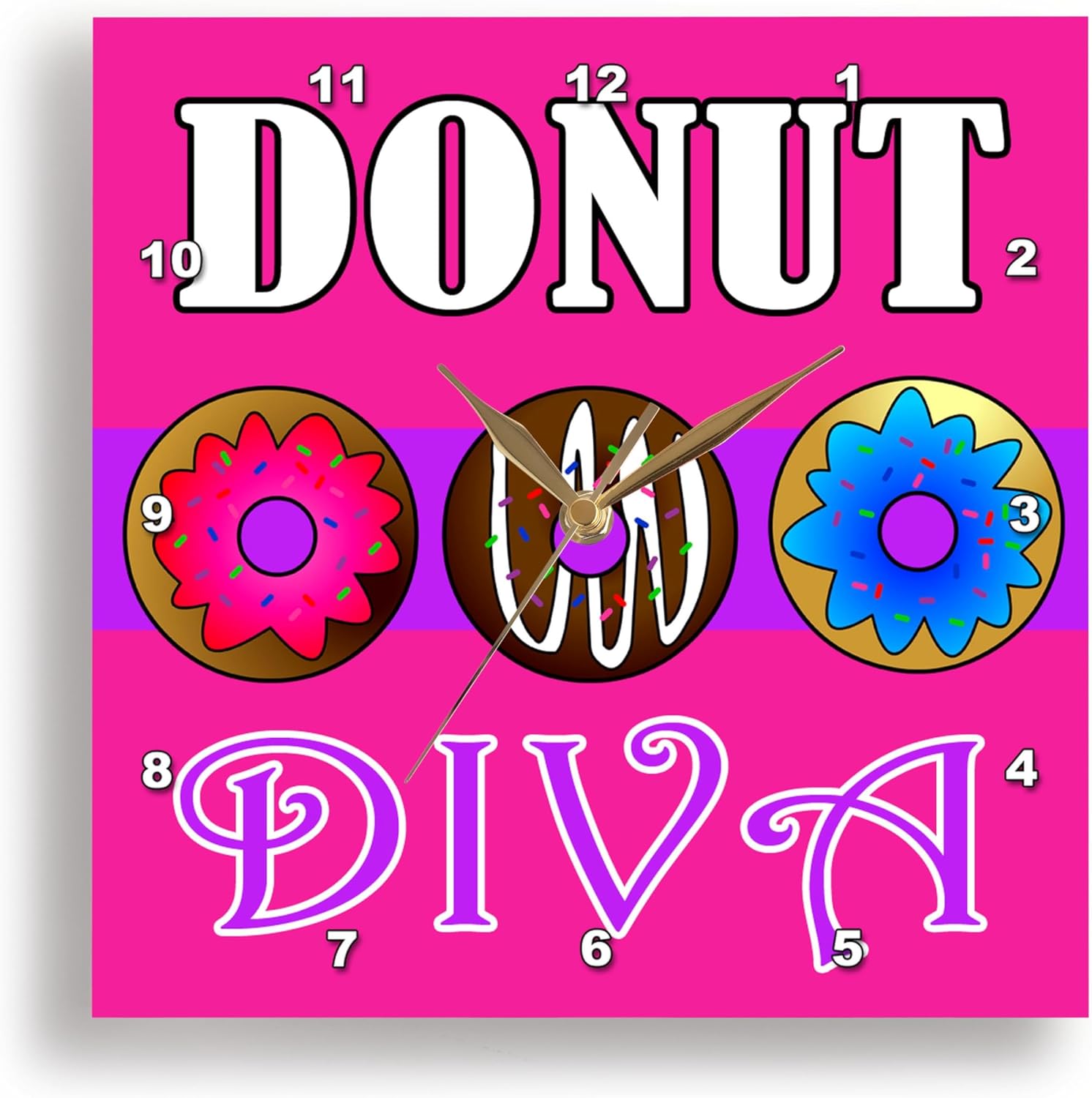3dRose Wall Clock Silent - 15 inch - Donut Diva - Kawaii Sweets - Pink - Designs Sweet Treats