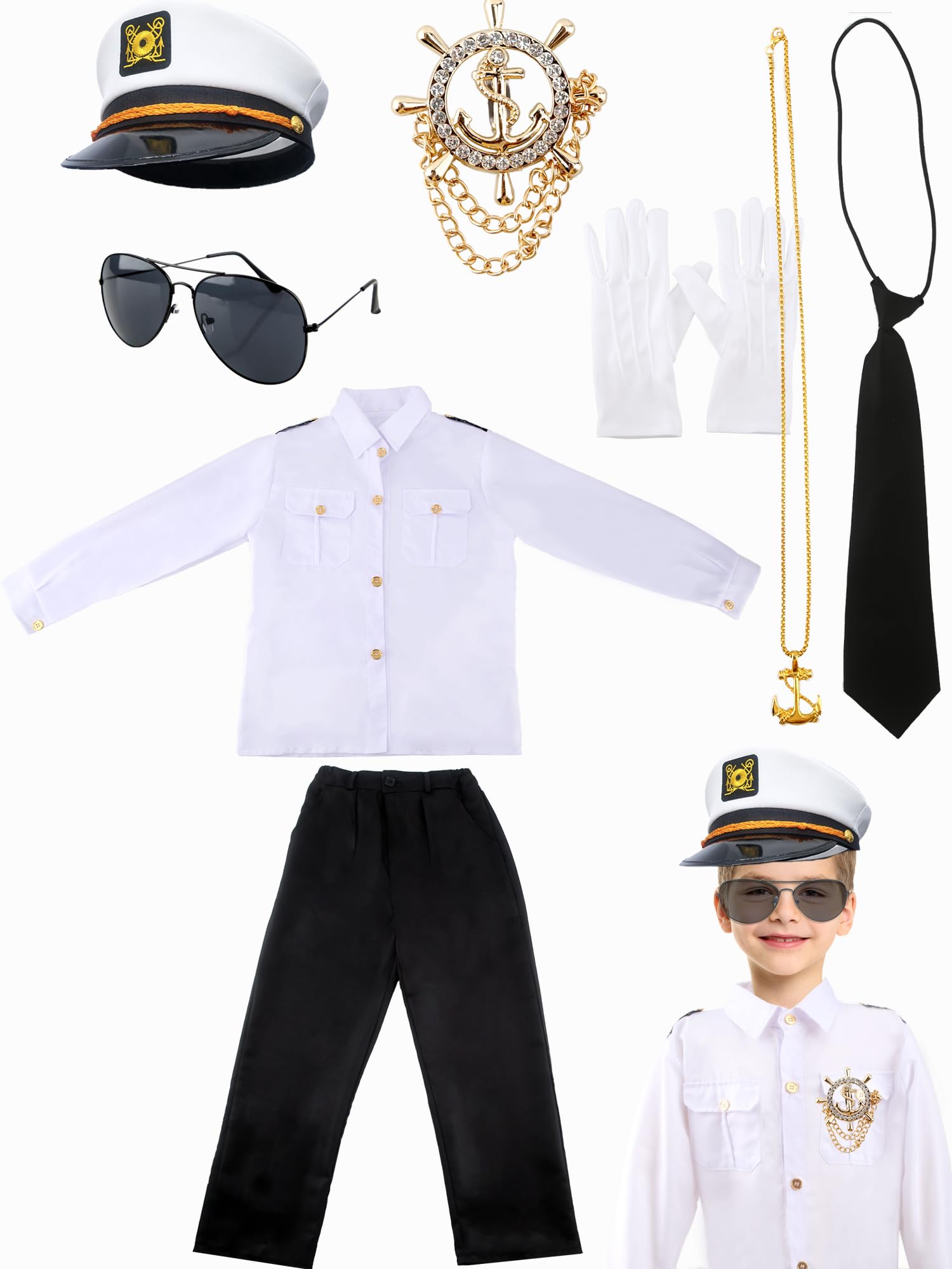 Puteraya Kids Captain Sailor Yacht Costume Set Sailor Outfits Captain Uniforms for Boys Kids Halloween Dress Up Cosplay (Captain Costume Stlye 2, 10-12 Years (140-160cm))