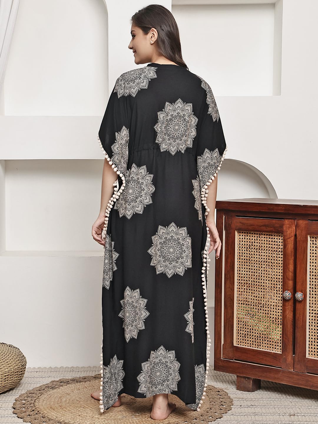 Women's Black Kaftan Maxi Dress with Mandala Print and Pom Pom Trim, V-Neck 1