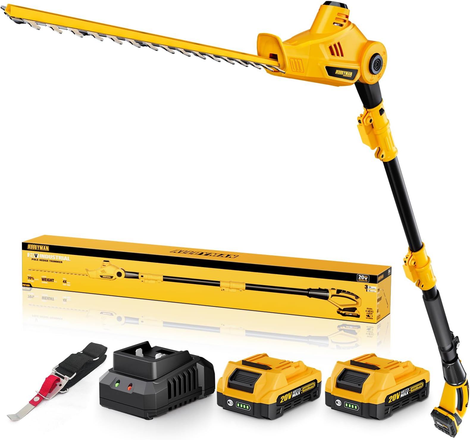 ALLOYMAN 20V MAX Pole Hedge Trimmer,Telescoping Pole Hedge Trimmer,with 2 Packs 2.0Ah Batteries & Charger,8 Feet Hedge Trimmer for Shrubs Pruning