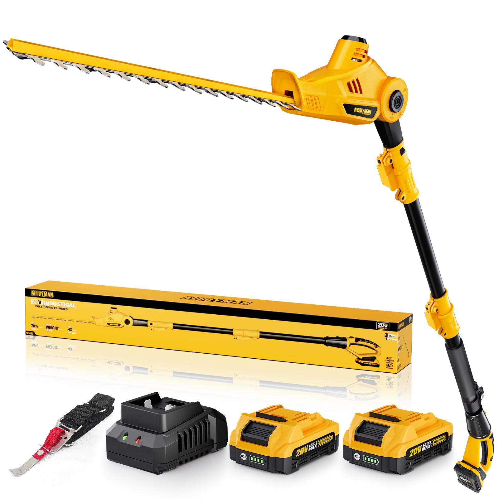 ALLOYMAN 20V MAX Pole Hedge Trimmer,Telescoping Pole Hedge Trimmer,with 2 Packs 2.0Ah Batteries & Charger,8 Feet Hedge Trimmer for Shrubs Pruning