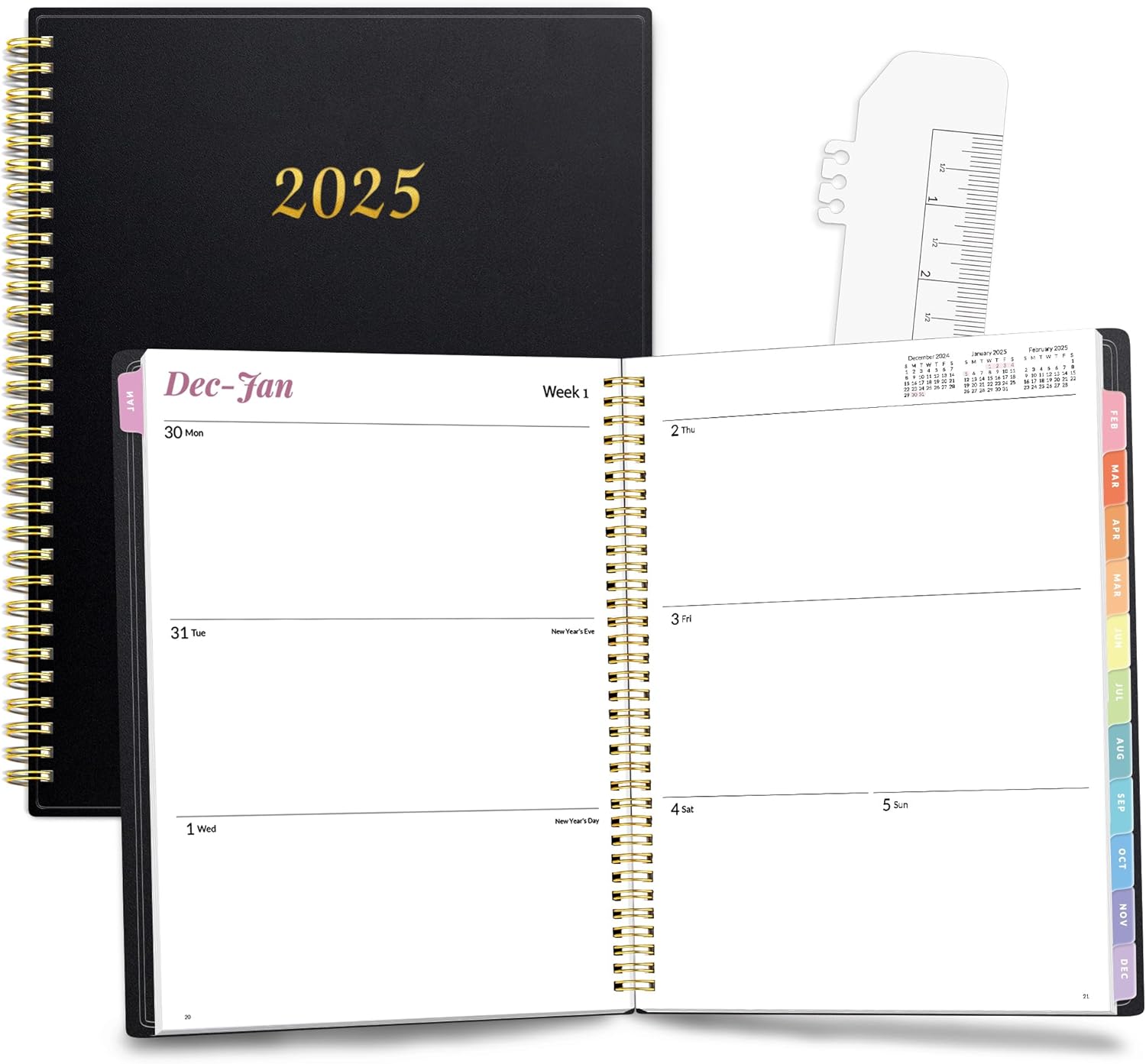 Annecy 2025 Planner, Weekly ＆ Monthly Planner 2025, Jan. 2025 – Dec. 2025, 8.5″ x 11″ Monthly Agenda Planner with Tabs, Waterproof Flexible Cover, Spiral Binding, Double-sided Pocket, Bookmark, Black
