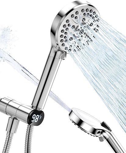 JDO Cabezal de ducha con termómetro de ducha, 10 modos, potente cabezal de ducha de mano con lavado eléctrico integrado, juego de cabezal de ducha