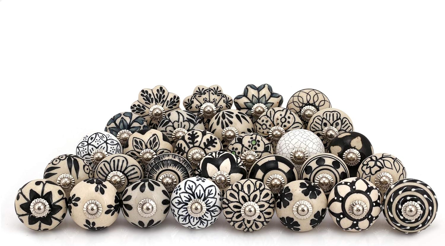 Countryside Assorted Drawer Knobs - Set of 30 Pcs - Ceramic Cupboard Pull Handle Kitchen Cabinet Wardrobe Knob Boho Room Decorative - Black and White