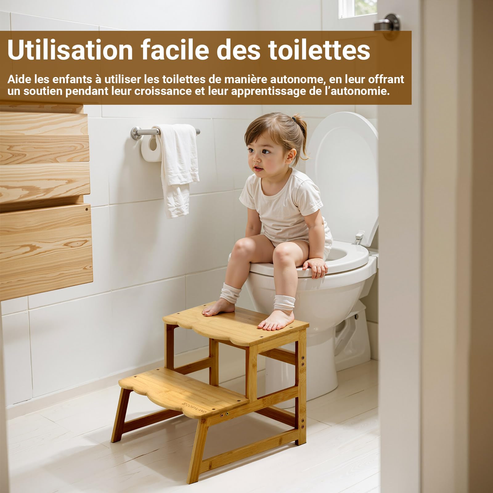 COSYLAND Tour d’Observation Montessori pour Enfant – Chaise d’Apprentissage Bébé Sécurisée, Tabouret en Forme Nuage Antidérapant pour Salle de Bain, Toilettes et Chambre – Natural