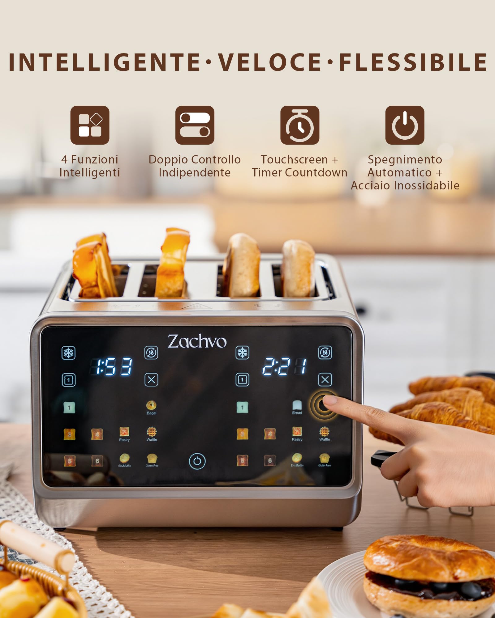 Tostapane 4 fette con touchscreen e timer conto alla rovescia – tostapane lungo in acciaio inox con 2 zone di temperatura indipendenti, fessure extra larghe da 3,7 cm, 6 programmi
