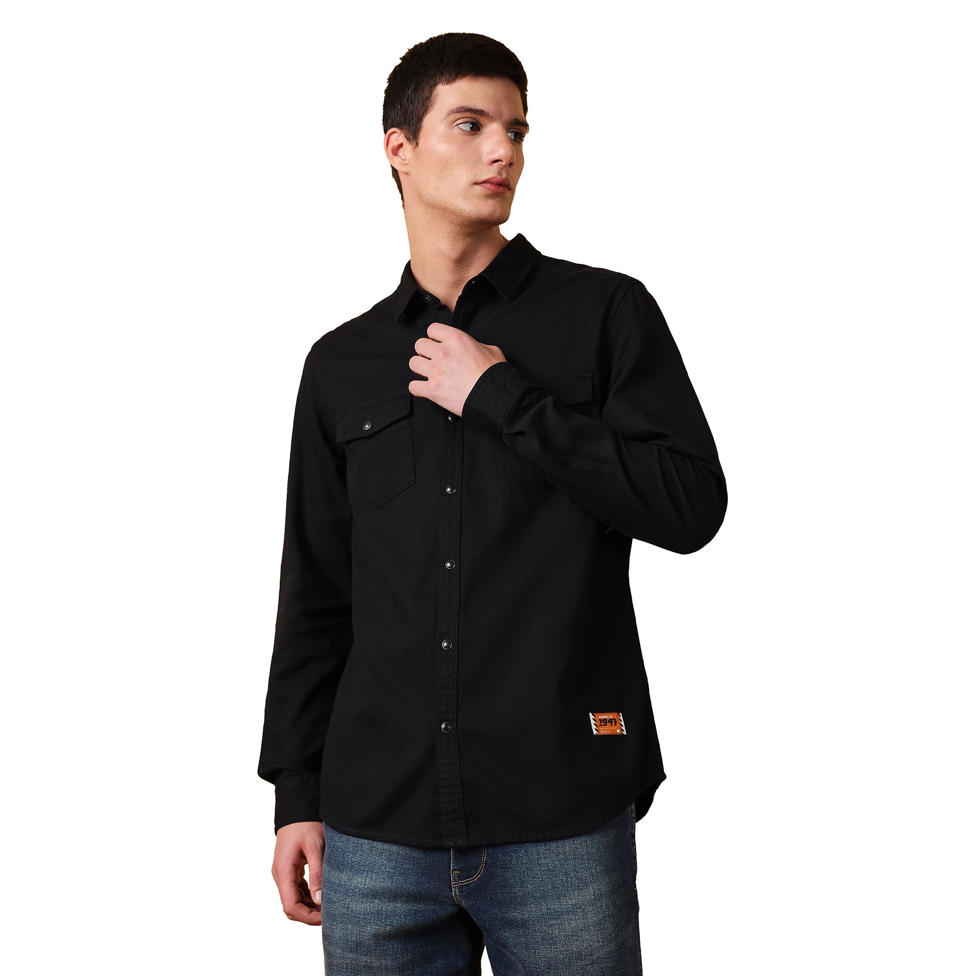 Wrangler Men's Solid Black Double Pocket Shirt (Regular)