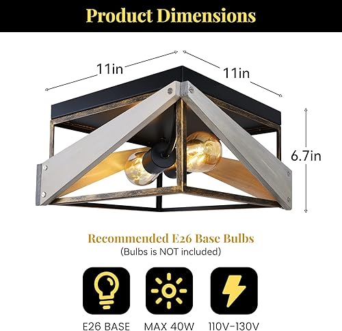 Miniatura 3 de Lámpara de techo industrial empotrada de 2 luces, lámpara de techo cuadrada de metal y madera, para cocina, pasillo, comedor, entrada, balcón
