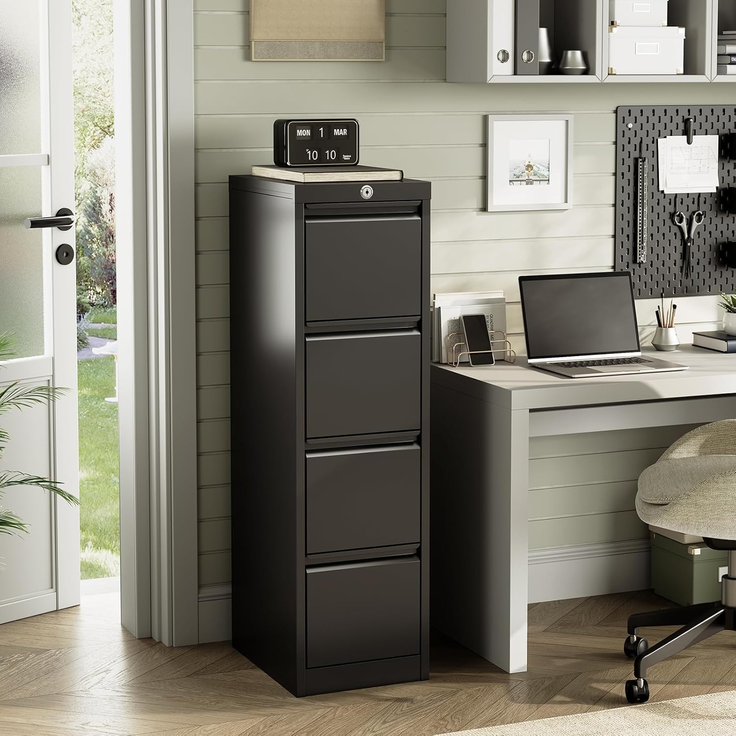 4 Drawer File Cabinet with Lock,Heavy Duty File Storage Cabine,Metal Vertical File Cabinet Office Home Vertical File Cabinet for A4 Legal/Letter Size Narrow File Cabinet Locked