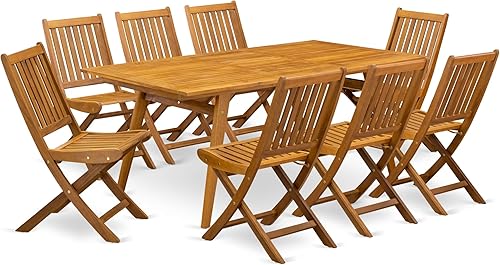 East West Furniture DEDK9CWNA - Juego de 8 sillas de exterior con respaldo de listones y mesa de centro moderna y tapa rectangular con madera con 4