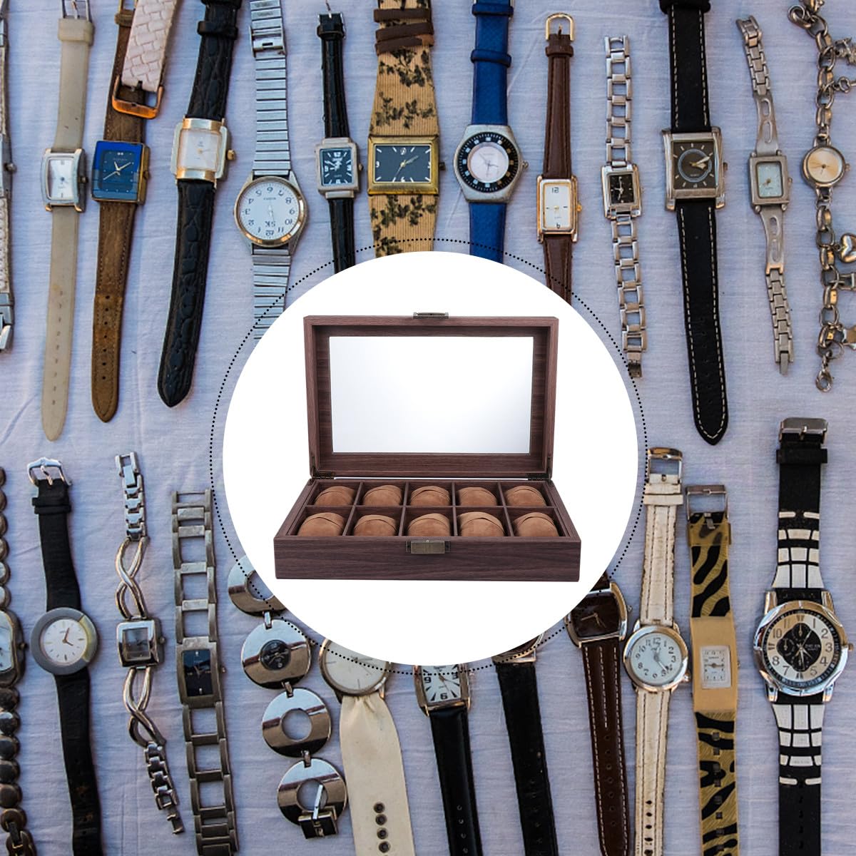 Scatola Porta Orologi in Pelle Pu e Legno 10 Scomparti Separati, Copertura Trasparente in Vetro, Organizer Elegante per Orologi e Gioielli Adatto a Uso Personale