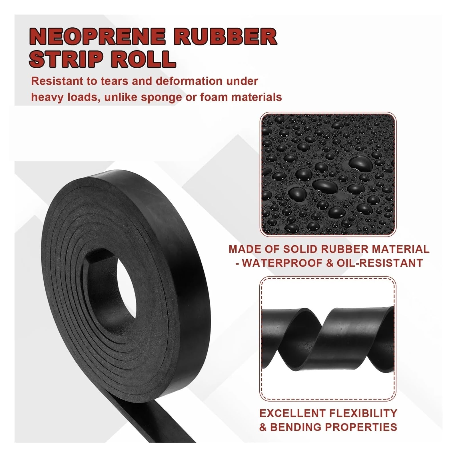 Strisce di gomma in neoprene Rotolo solido lungo 30,48 cm-609,6 cm for isolamento e smorzamento delle vibrazioni - 1 PZ(76.2cmx5.08cmx12mm)