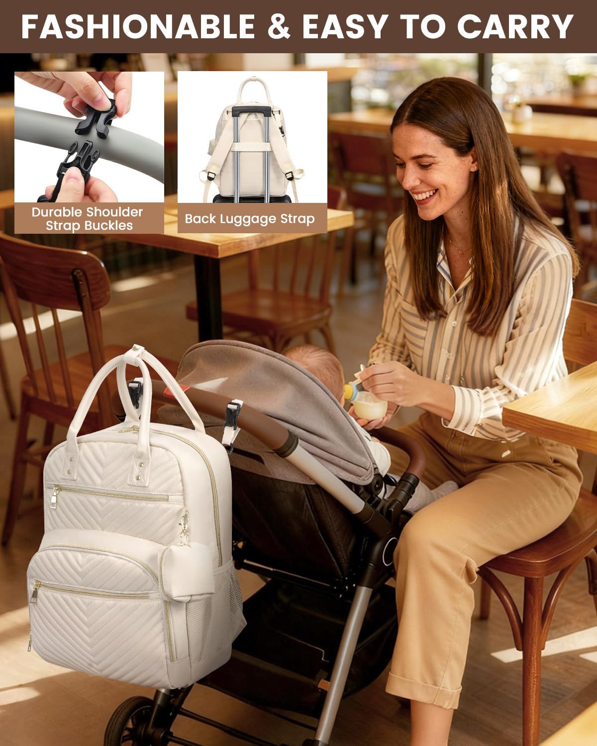 Pritent Zaino per pannolini, borsa essenziale per pannolini con custodia per ciuccio, elegante zaino da viaggio per neonata/ragazzo, Beige, Medium