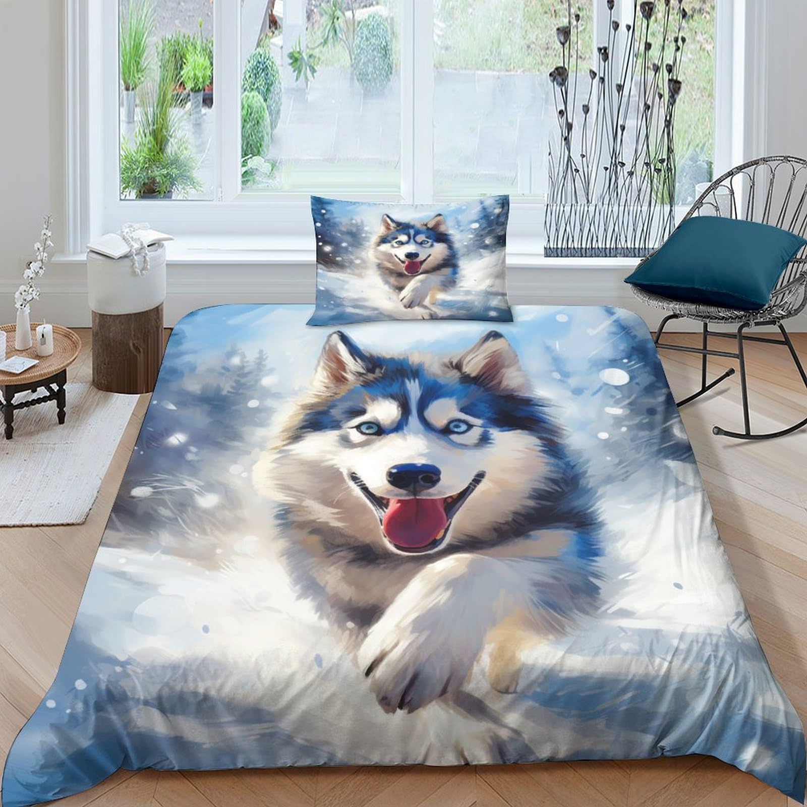 Parure de lit husky 135x200 microfibre housse de couette 1 place taie d'oreiller éclair