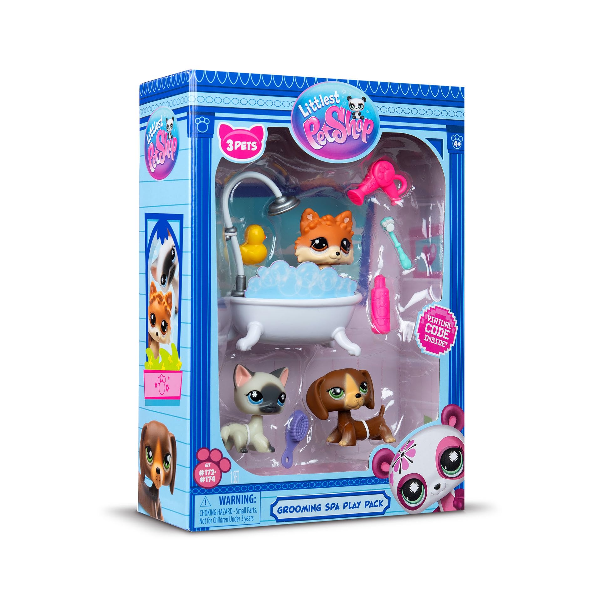 BANDAI - Littlest Pet Shop - DÍA DE SPA BF00638, 3 Mascotas, 10 Accesorios, 1 Tarjeta de coleccionista, 1 código Virtual, Generación 7 Mascotas 172, 173, 174, Figuras de LPS, a Partir de 4 años