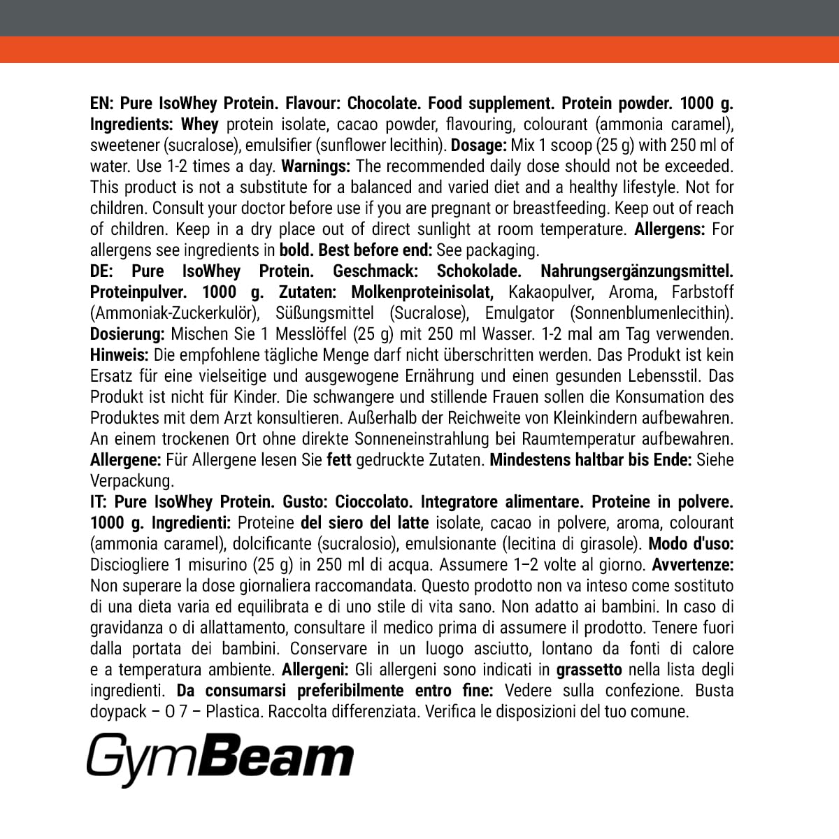 GymBeam Pure IsoWhey - 100% Proteine Del Siero Di Latte Isolate, 86% Contenuto Proteico, Basso Contenuto Di Grassi E Zuccheri, Gusto Delizioso, Ideale Per Massa Muscolare (1000 g, Cioccolato)