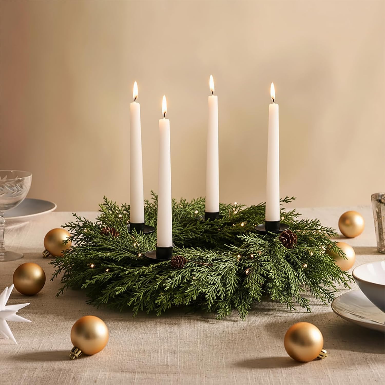 Christmas Advent Wreath, 14 Inch Candle Holder Centerpiece Christmas Rings Wreath Decorations 4 Candle Holders for X-Mas Table Home Decor Nativity Rustic Pine Calendar(Casual Style)