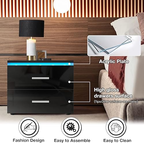 Miniatura 3 de HOMMPA Mesita de noche pequeña con 2 cajones, mesita de noche LED negra, mesita de noche moderna con luz LED para dormitorio de niños, mesa de noche