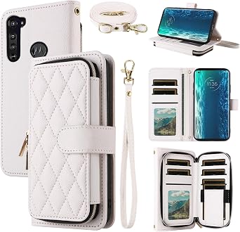 Argyle Wallet Case for Motorola Moto Edge 5G 2020 with Wrist Strap Shoulder Strap Zipper PU Leather Flip Credit Card Holder Stand Accessories Cell Phone Cover for MotoEdge G5 Women Girls White