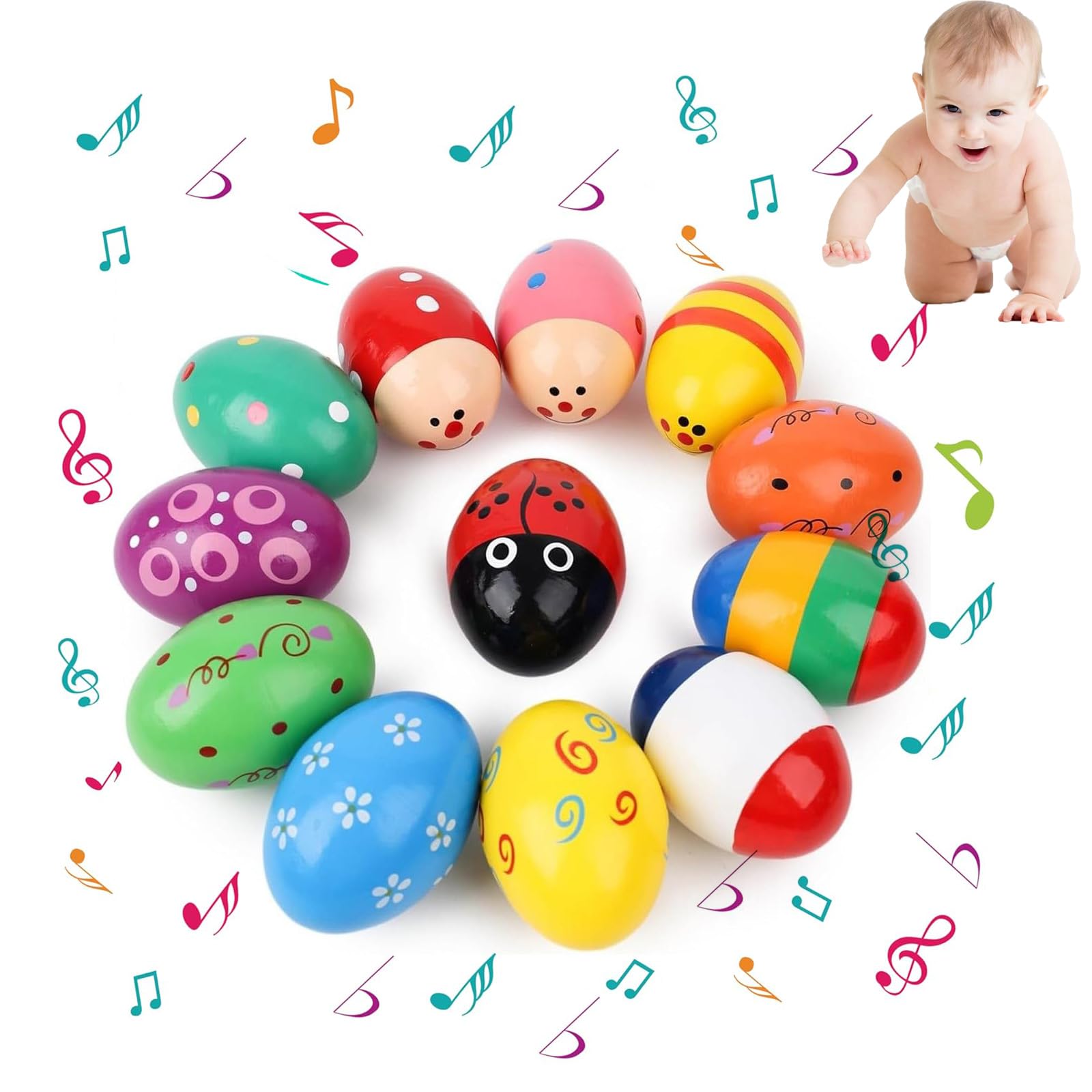 12 Mini Maracas En Bois Colorées - Pour Enfants - Éveil Musical Et Sensoriel - Forme D'œuf - 11