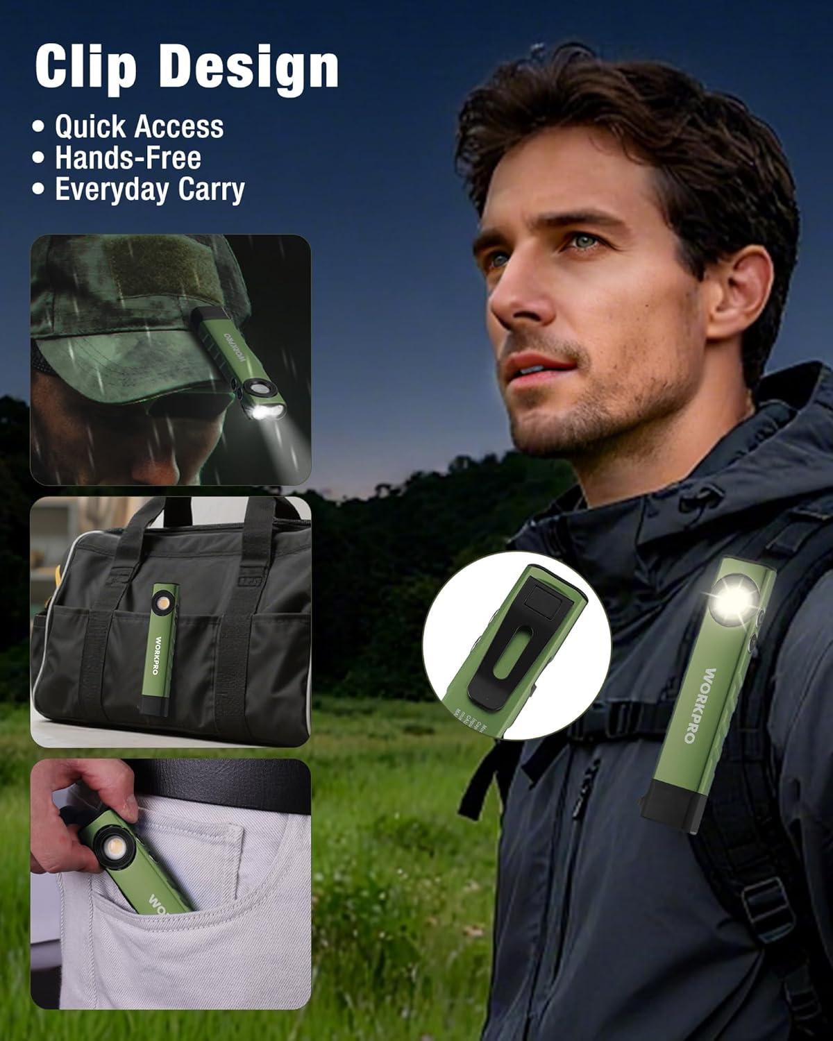 WORKPRO Rechargeable Flashlight, Magnetic EDC Flashlight Rechargeable, Flat Pocket Flashlight with UV Light, Slim LED Flashlight for Camping, Garage, Car Repair and Emergency-Green