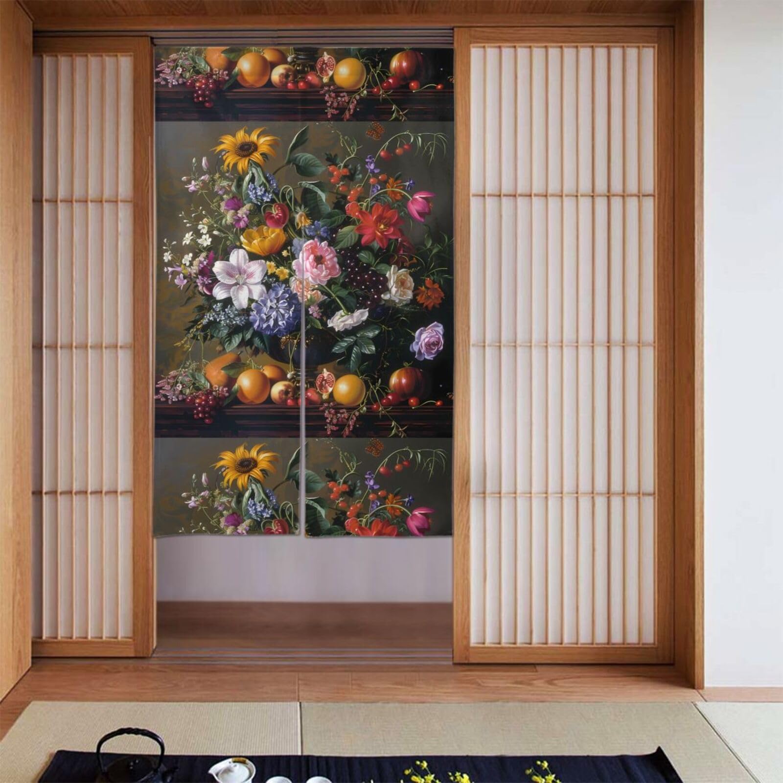 Cortina de puerta con diseño de flores y frutas, paneles de separación para baño de 86x142 cm