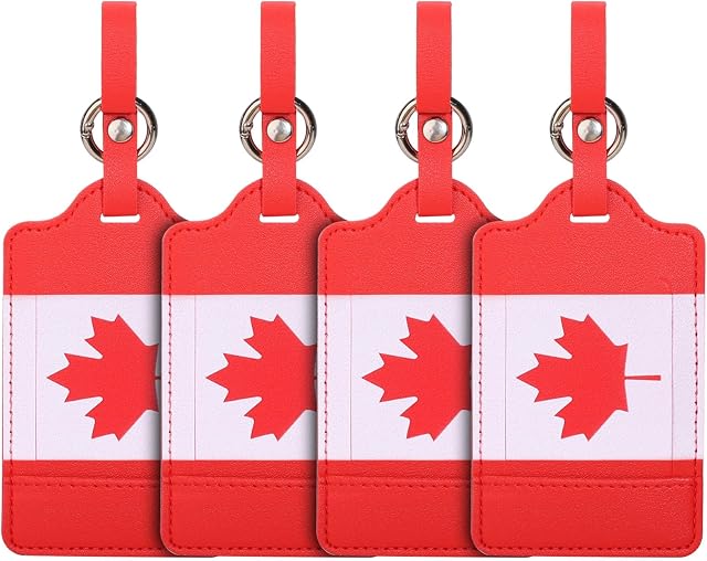 4 Emballez les étiquettes de bagages drapeau canadien, Anyos PU Etiquettes de sac de voyage en cuir Valises Bagages Étiquettes avec nom ID Protection de la vie privée des cartes (rouge)