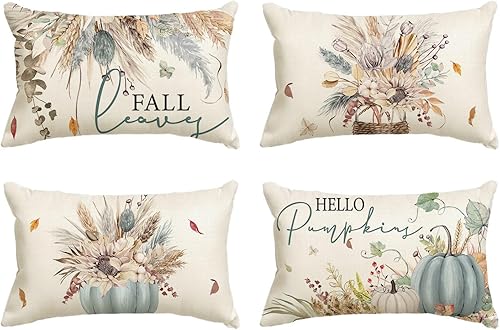 AVOIN colorlife Juego de 4 fundas de almohada otoñales de algodón con diseño de calabaza y trigo con girasol, 12 x 20 pulgadas, color azul estacional