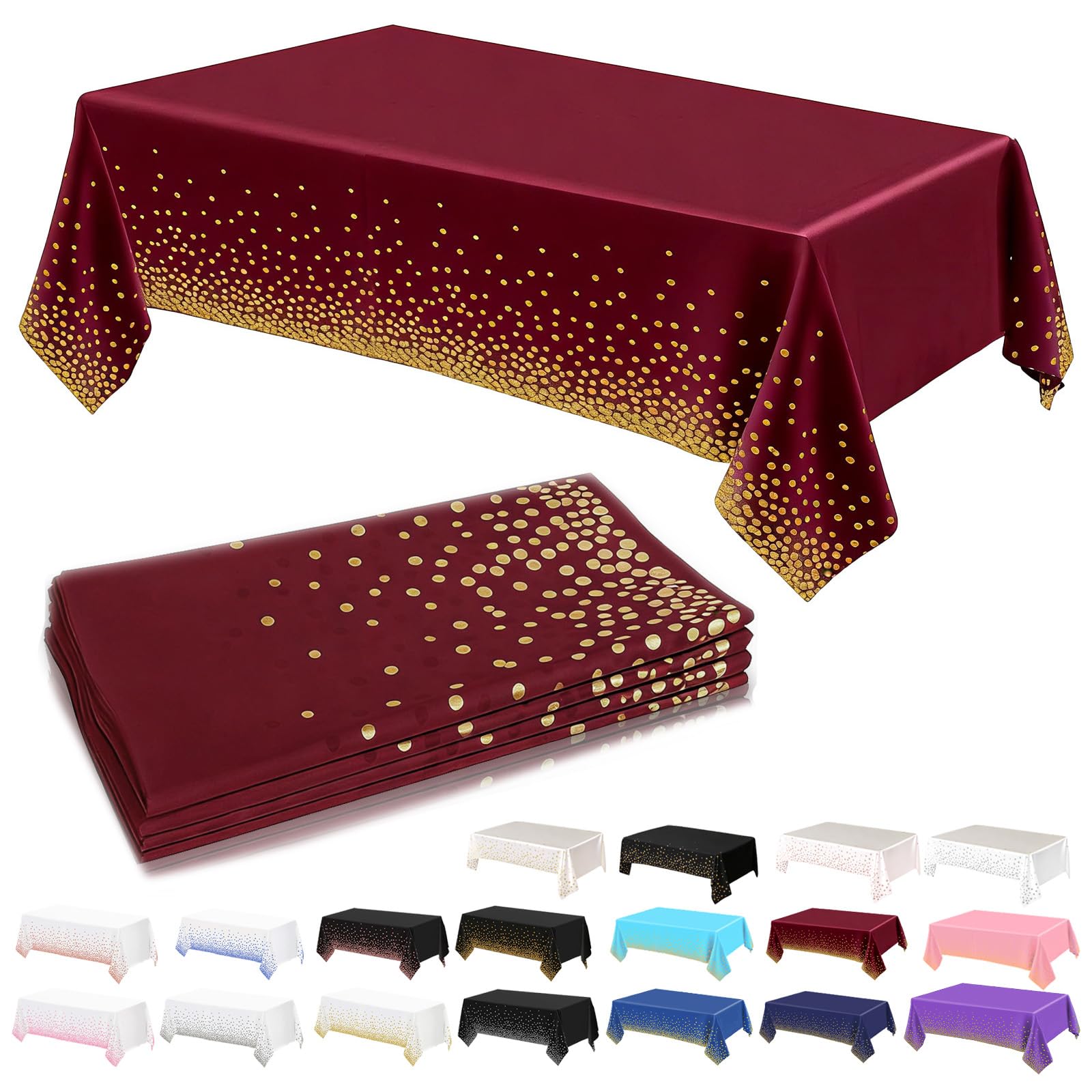 4Pack Plastic Burgundy and Gold Dots Table Cloth Party for Rectangle Tables,137x274cm Decorative Paper Table Cloths for Parties Disposable Table Cover for Picnic,Baby Shower,Wedding,Birthday,Christmas