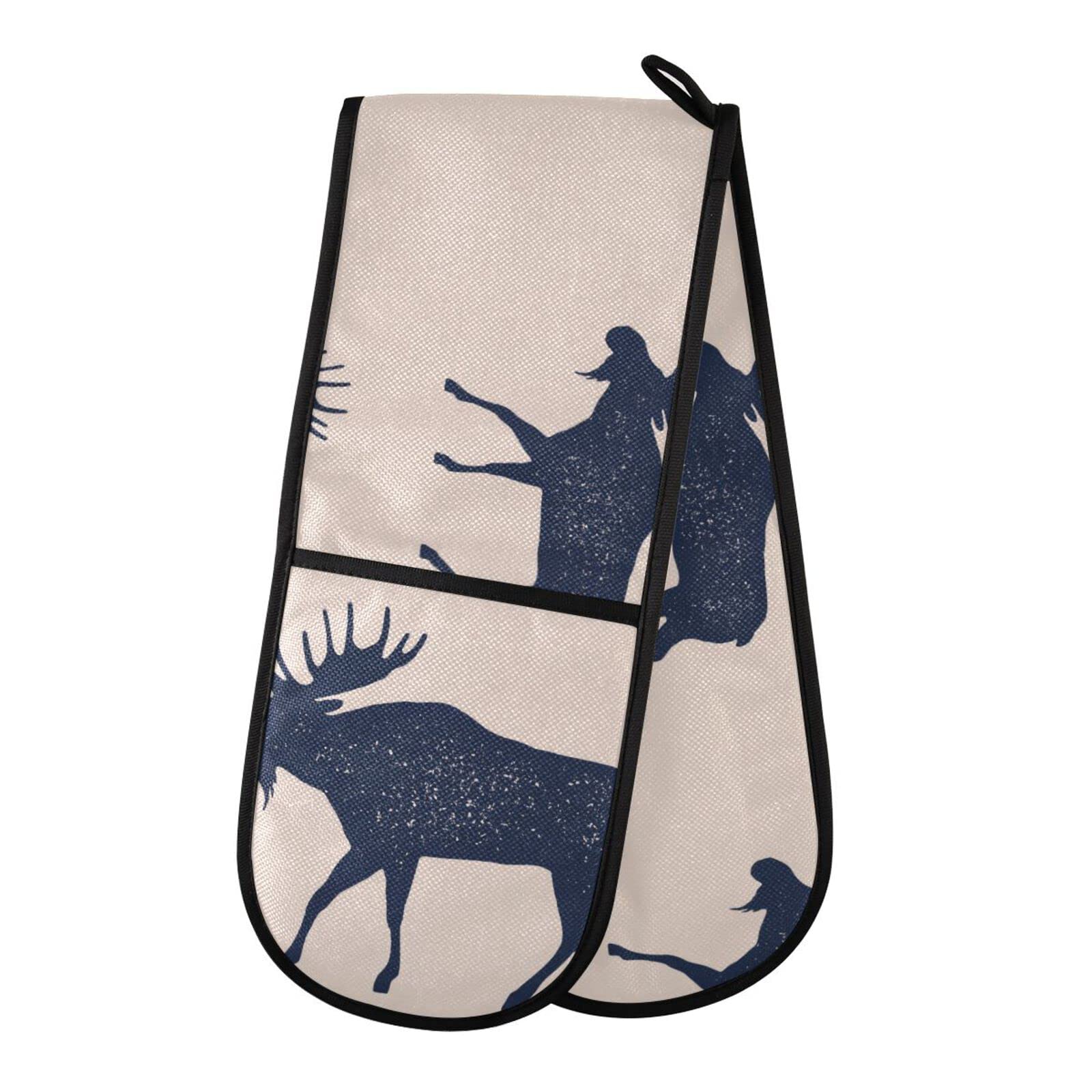 Double Oven Glove Vintage Moose Wild Deer Heat Resistant Double Ovens Mitt Modern Cooking Gloves Potholders