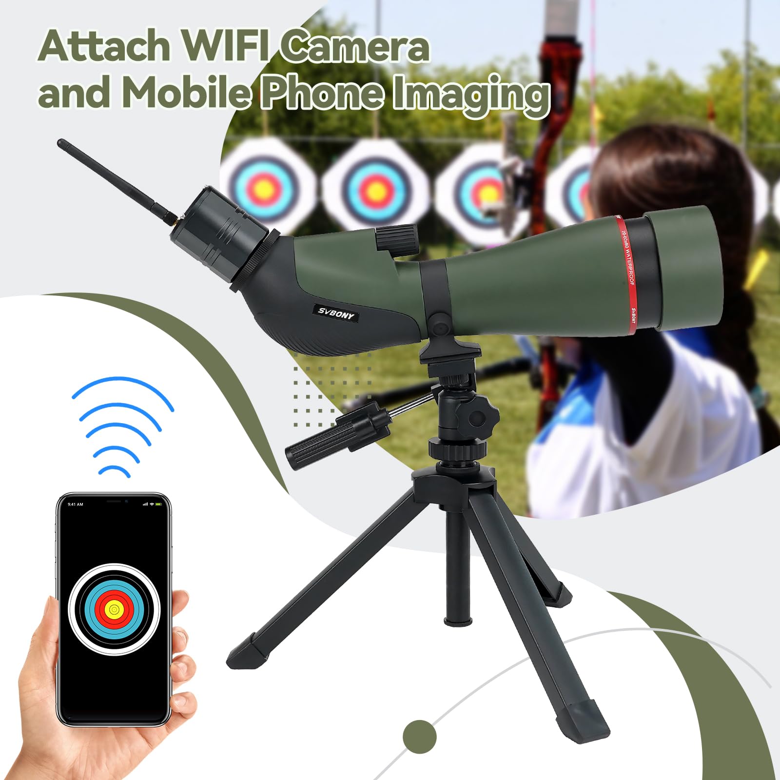 Svbony SA412 20-60x80 Spotting Scopes con WIFI Camera, HD Spotting Scope con Treppiede da Tavolo, Cannocchiale a Lungo Raggio, Cannocchiale Antiappannamento Impermeabile FMC per Tiro al Bersaglio