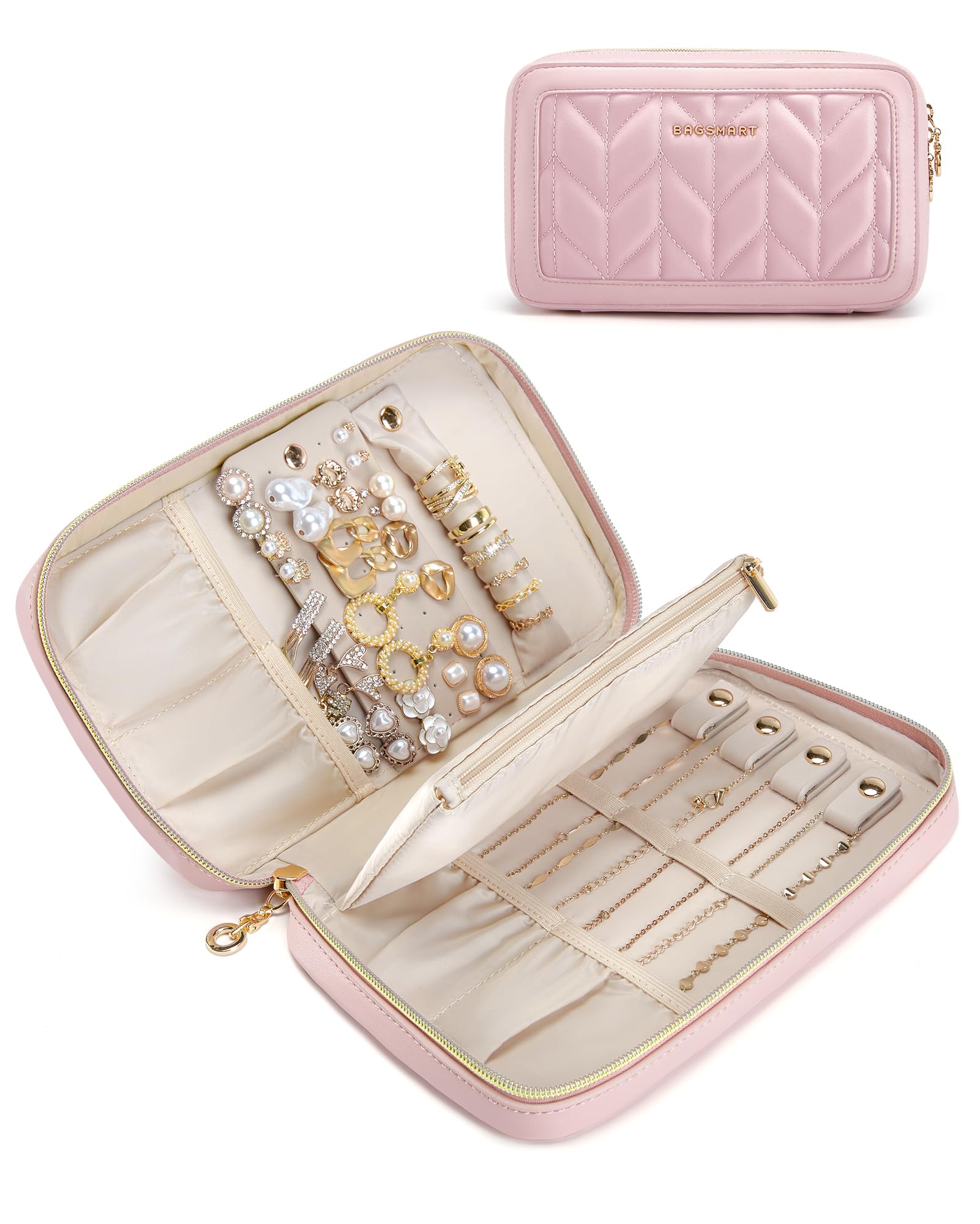 BAGSMART BAGSMART Travel Jewelry Case Jewelry Box Organizers and Storage Earings Holder Organizer for Women for Necklaces, Bracelets, Rings-Pink