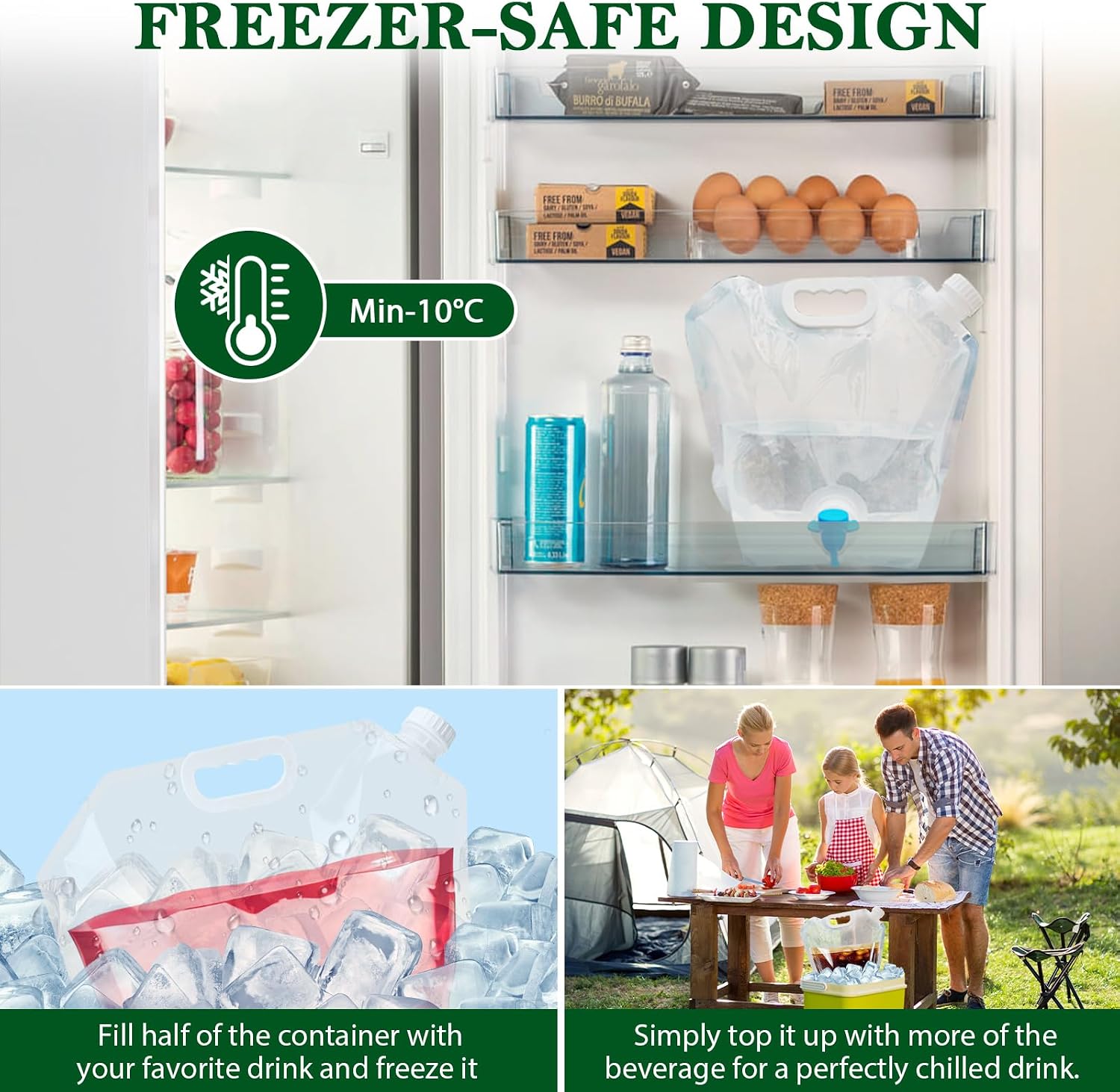Cooltto Premium Collapsible Water Container Bag, BPA Free Food Grade Clear Plastic Storage Jug, No-Leak Freezable Fold-able Water Bottle for Camping, Hiking, Backpacking, Emergency