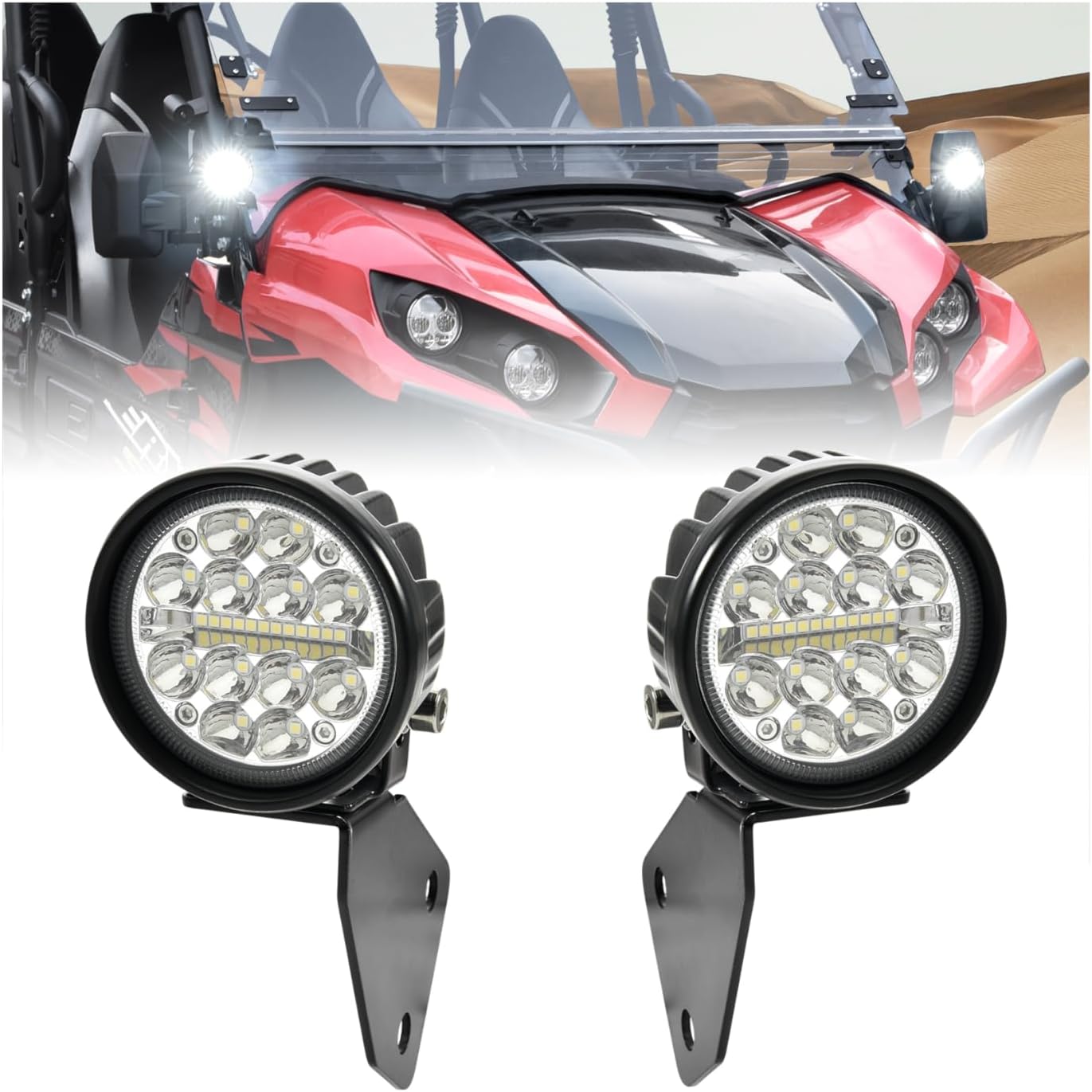 SAUTVS A-Pillar LED Pod Lights for Kawasaki Teryx 800 / Teryx4 800 2016-2025 Accessories, Auxiliary Lights with Mounting Bracket & Wiring Harness, Plug and Play (2PCS)