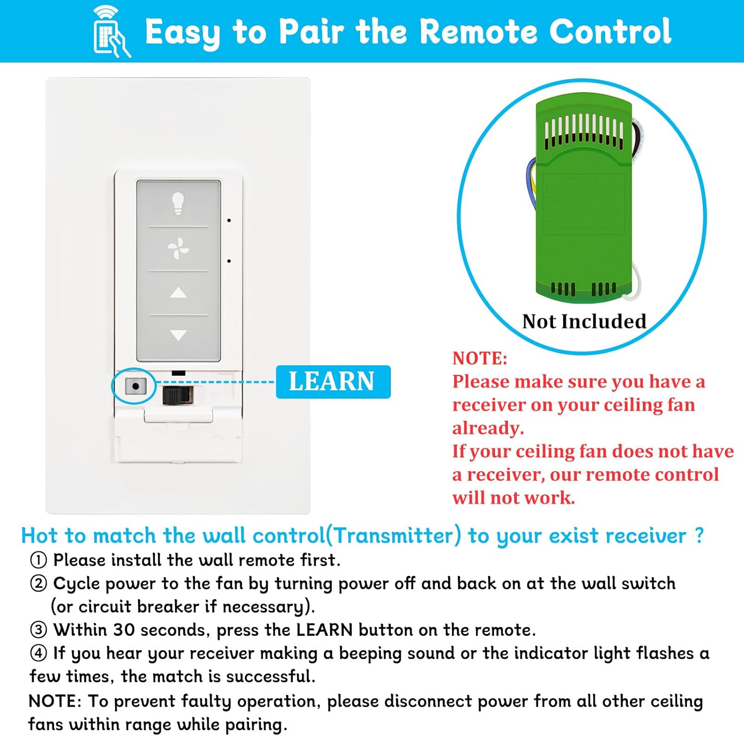 Universal Ceiling Fan Remote Control with Light Dimmer, 3 Speed Wall Switch, Compatible with Hunter 434MHz Receiver/Remote Only, Single Pole, Neutral Wire Needed (no Included Receiver)