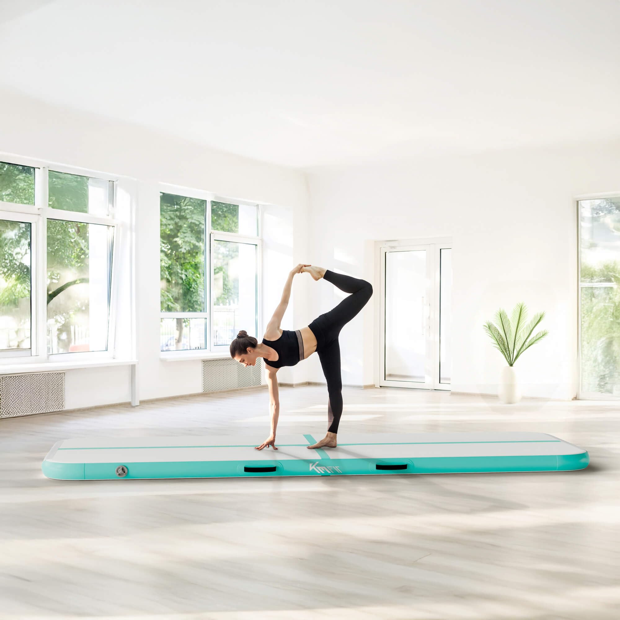 KM Fit Tappetino da ginnastica gonfiabile, per Airtrack, 4 m, con borsa per il trasporto, pompa ad aria elettrica e set di toppe, resistente ai raggi UV, tappetino da allenamento
