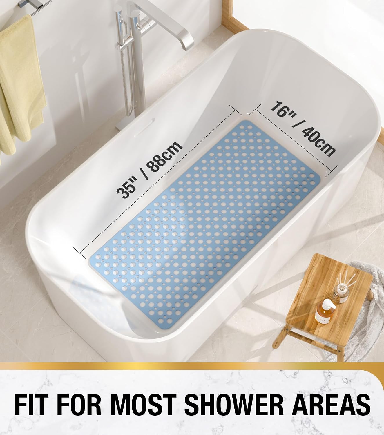 HITSLAM Bathtub Mat Non Slip, 35 x 16 Inch Long TPE Bath Mat for Tub, Efficient Drainage Bathroom Shower Mat with Suction Cups, Bath Tub Mat, Soft on Feet and Easy to Clean, Blue image 3