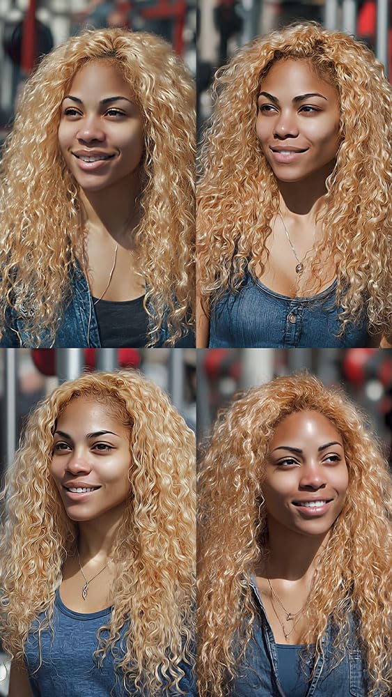 Color 27 Human Hair Honey Blonde Kinky-curly Bundles 22 24 26 inch Double Weft Unprocessed Brazilian Virgin Hair Extensions 10A Grade Blonde Color Curly Wave Bundles Silky Soft for Women