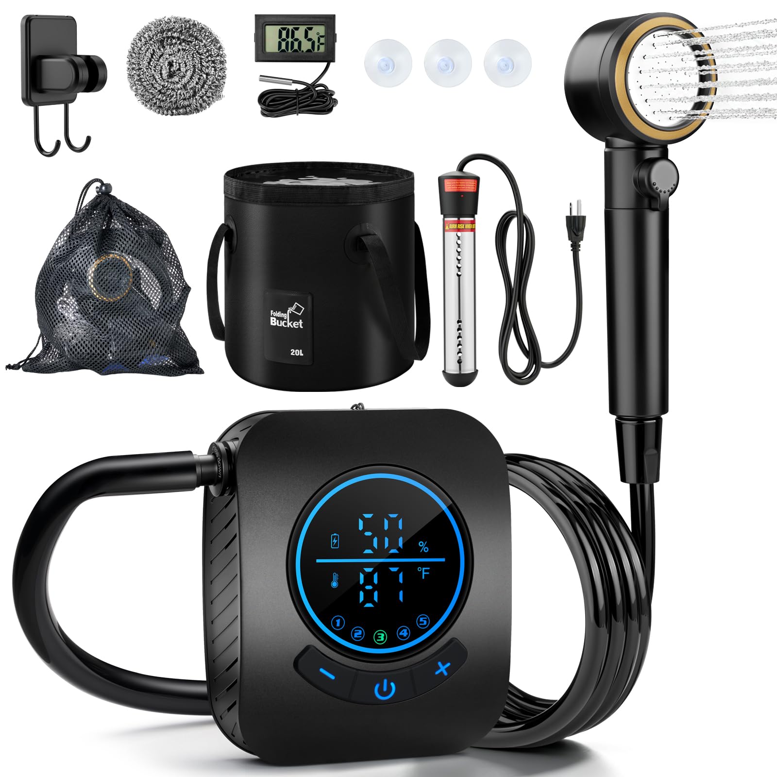 Tragbare Campingdusche mit Heizung, 8000mAh Wiederaufladbare Duschpumpe, 20L Faltbarer Eimer, IPX8, Auto-Off Beheizt, Tragbare Dusche für Camping, LED-Display für Wandern, Reisen, Haustier