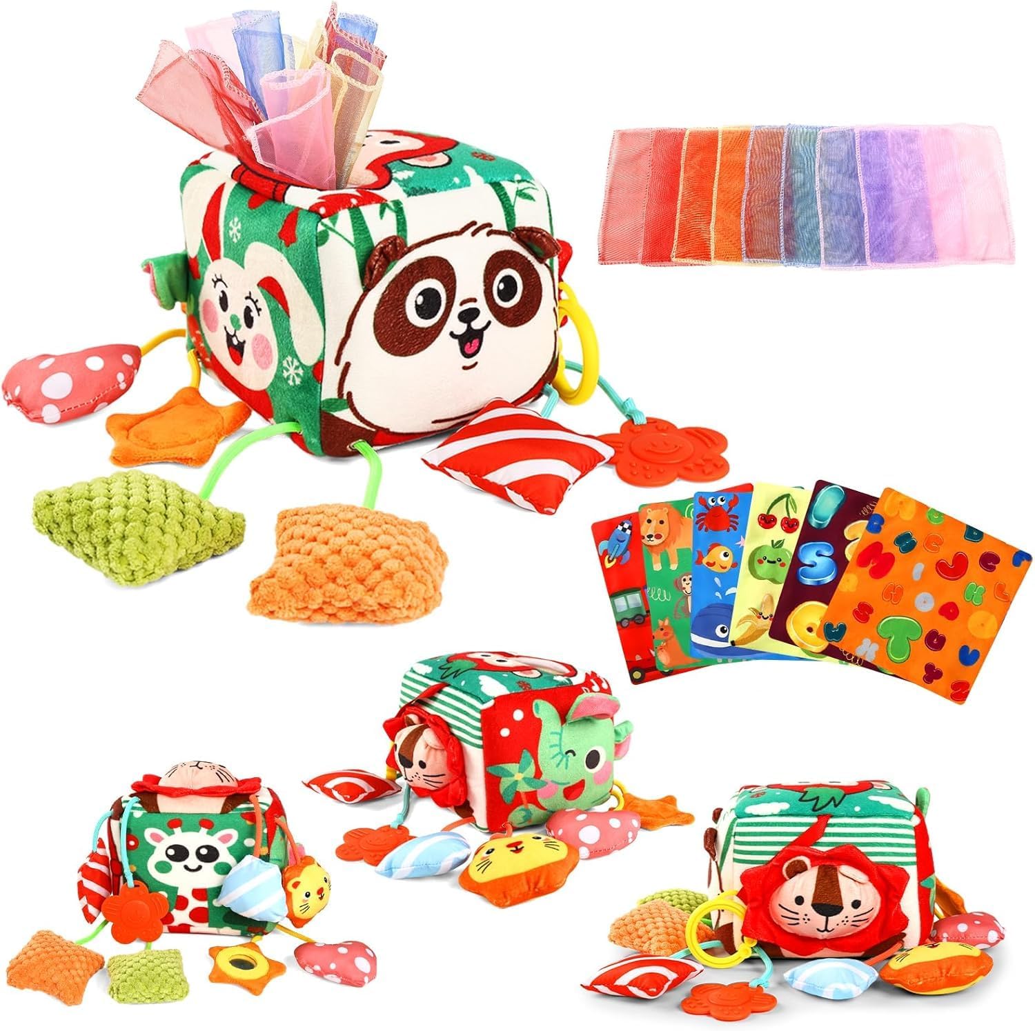 YOGINGO Baby Tissue Box Toy – Montessori Sensory Toys for 6-12 Months, BPA Free – Soft Crinkle Teether with Mirror & Fine Motor Skills Development – Infant Early Learning Toys