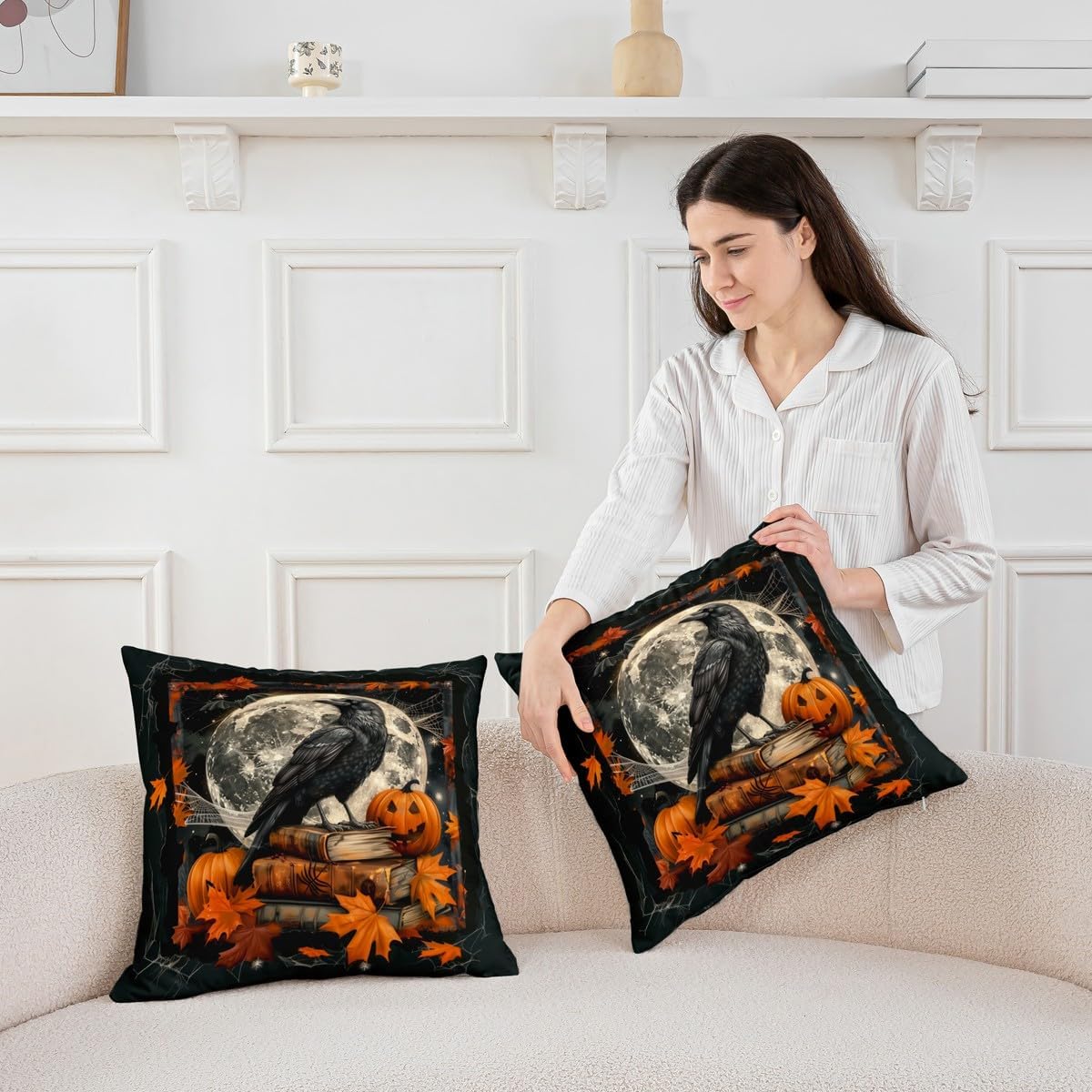 Halloween Cushion Cases 2 Piece Gothic Crow Throw Pillow Covers For Sofa Couch Bed Home Outdoor Car Raven Pumpkin Black Cushion Covers 22X22 Inch Moon Maple Leaf Vintage Decorative Square Pillowcases
