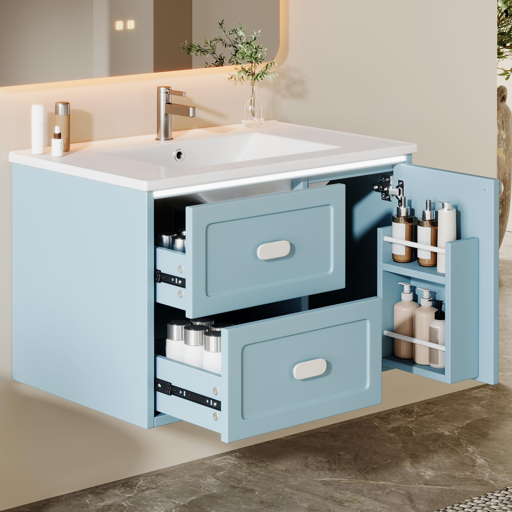 SACOOL 76 x 46 x 51 cm, armadietto sospeso da bagno, completamente laccato, illuminazione a LED con sensore radar, due cassetti, guide scorrevoli silenziose, lavabo integrato, blu
