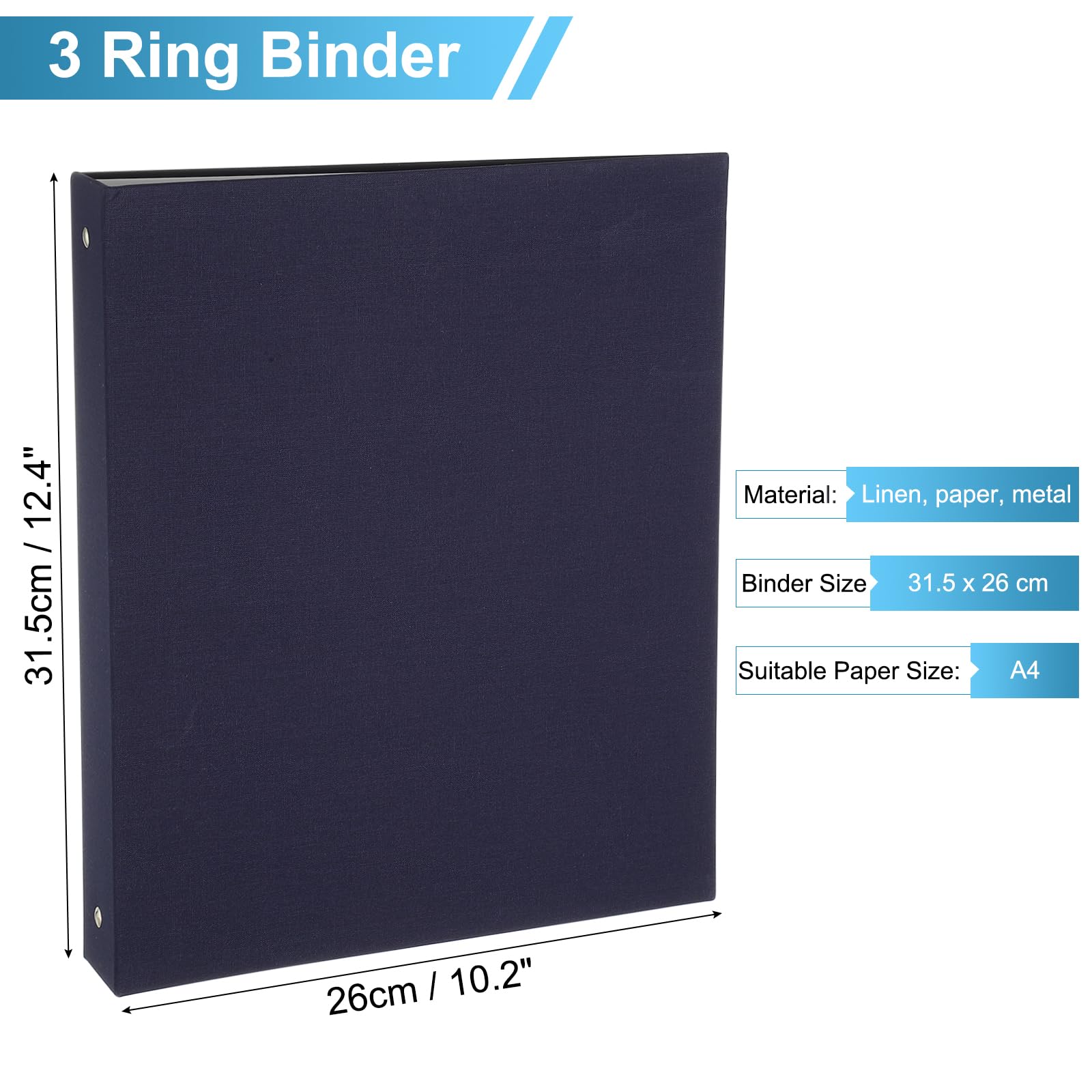 PATIKIL A4 Size 3 Ring Binder,1Pcs 1 Inch Round Ring Durable Linen Hardcover Binder Fit for 8.5" x 11" Paper Recipe Photo Office, Blue - Image 2