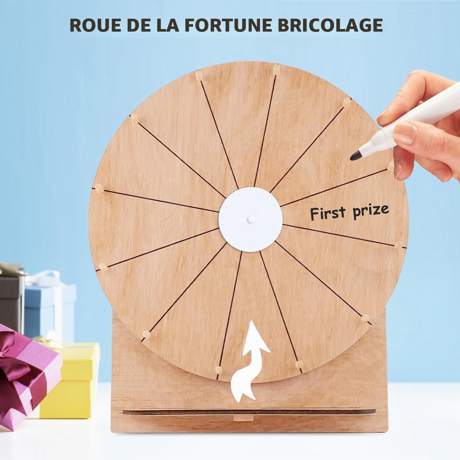 Grand set de roue de la fortune, roue de la fortune de 30 cm à tourner avec support et marqueur, roues de la fortune à personnaliser, roue de la fortune en bois, jeu de roue de la fortune effaçable