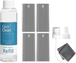 CLICK CLEAN Kits de limpeza de tela – 4 limpadores de névoa multifuncionais com refil de 113 g, 1 pano de microfibra (19,8 x 19,8 cm), 1 mini funil e 1 pulverizador - para todas as telas de telefones,