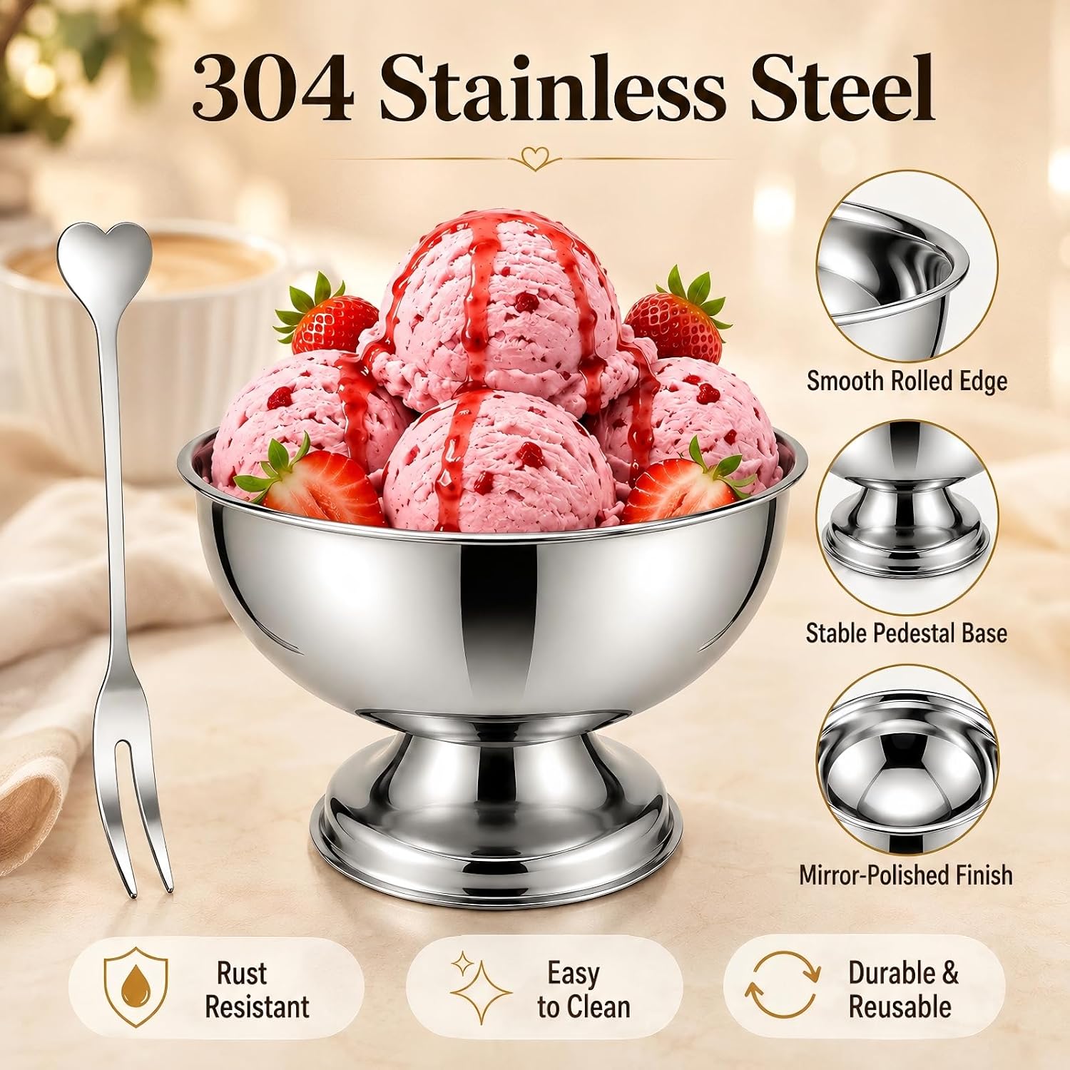 Stainless Steel Ice Cream Cup, 6 Pcs 200ml Silver Bowls with Forks