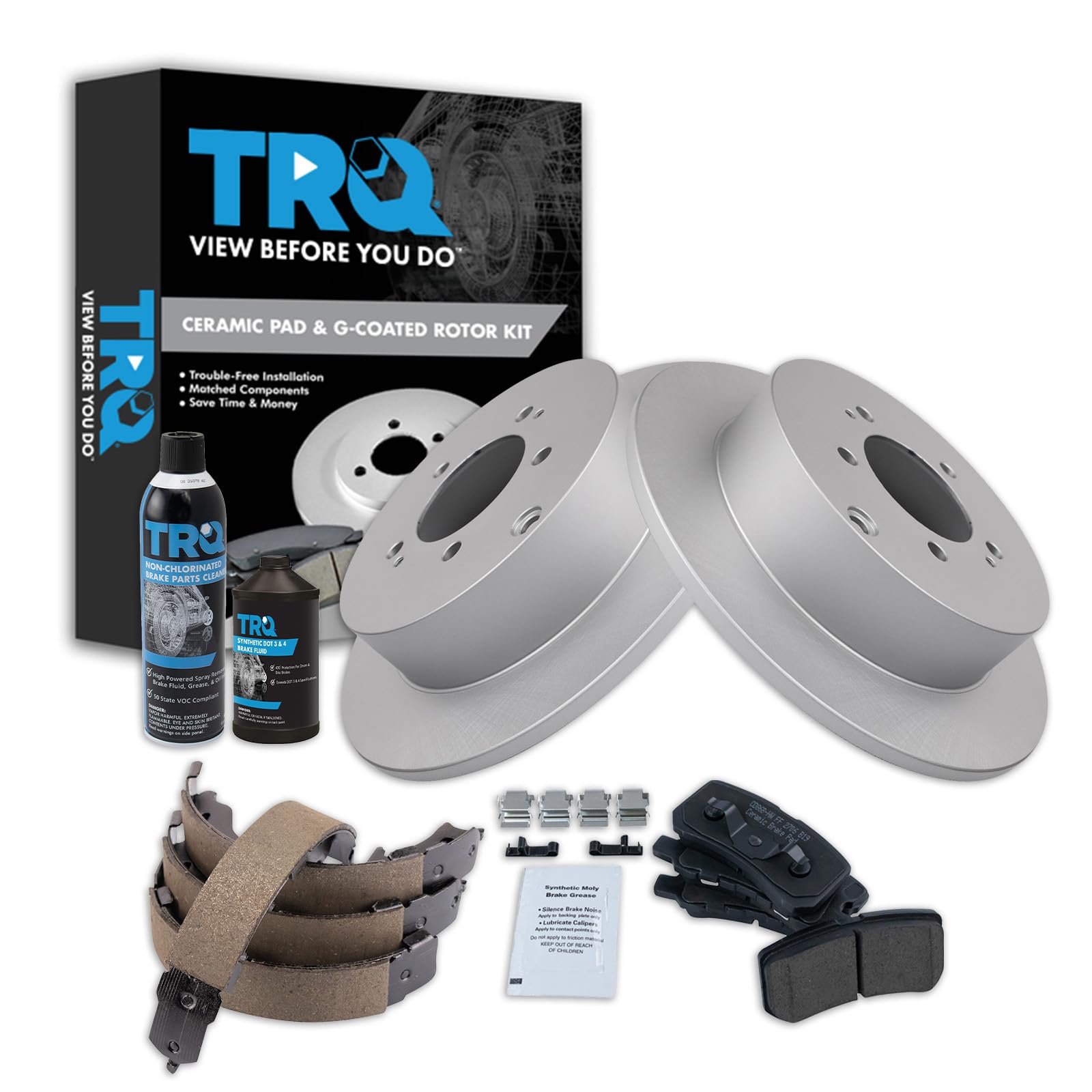 TRQ Rear Brake Pad &amp; Rotor Kit, with Chemical Kit Parking Brake Shoe Set Ceramic Premium G-Coated Compatible with 2008-2011 Mitsubishi Outlander