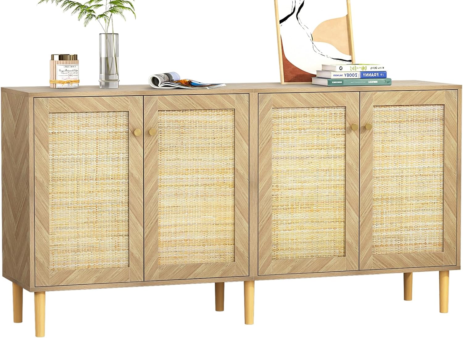 63''W Rattan Large Kitchen Storage Cabinet with 4 Doors, Modern Accent Cabinet Console Table, Wood Sideboard Credenzas with Adjustable Shelf for Kitchen